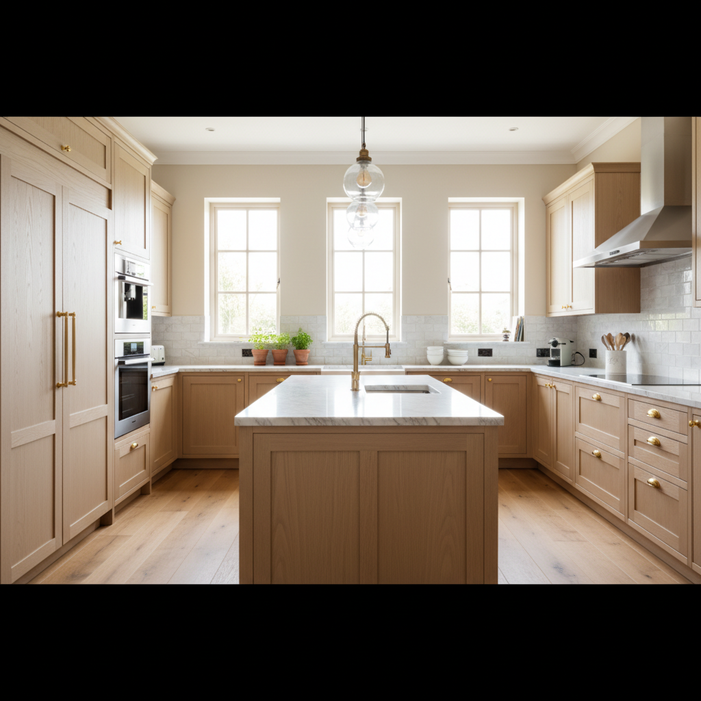 Upscale kitchen with integrated refrigerator and wall oven