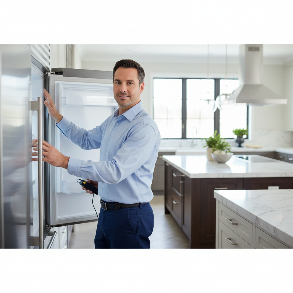 Professional appliance repair technician inspecting a built-in refrigerator